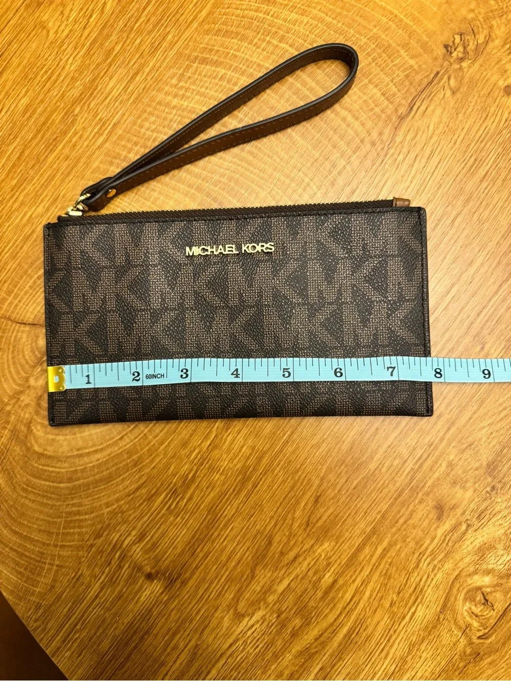 Michael Kors Brown Logo-Print Wristlet with Gold Hardware